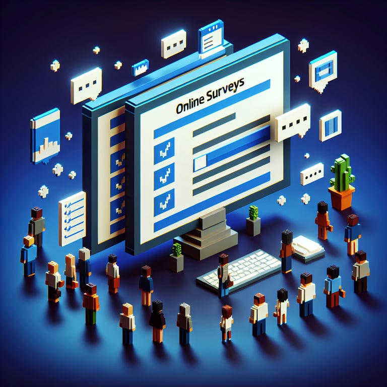 Artistic 3D voxel depicting a CEU class survey prototype in deep blue tones