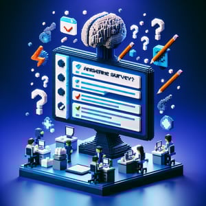 3D voxel art illustrating online migraine surveys, featuring question marks on a dark blue background.