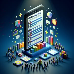 3D voxel art depicting online surveys on mobile devices, set against a dark blue background.