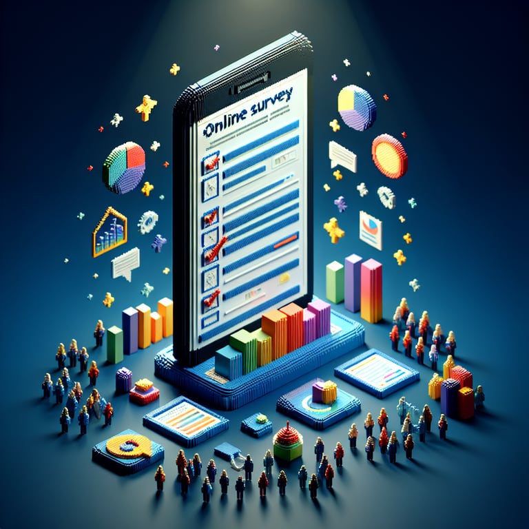 3D voxel art depicting online surveys on mobile devices, set against a dark blue background.