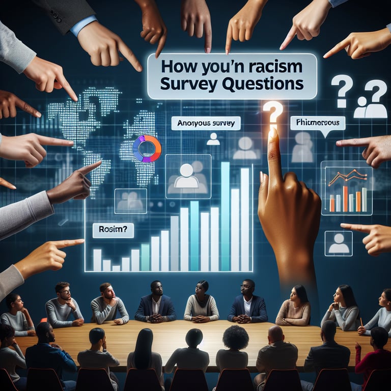 Illustration depicting the exploration of relevant topics through racism survey questions.