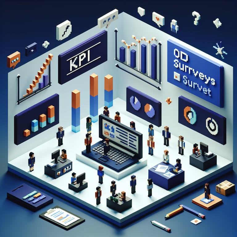 3D voxel art depicting online KPI surveys with engaging elements on a dark blue background.