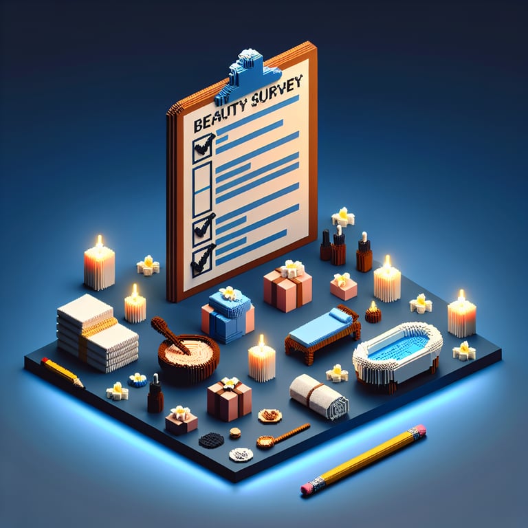 3D voxel art depicting an online beauty spa survey with a dark blue background.