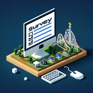 3D voxel art depicting online amusement park surveys against a dark blue background.