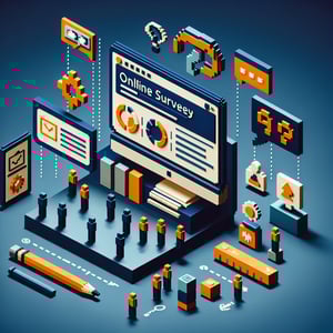 3D voxel art depicting online project management surveys on a dark blue background.