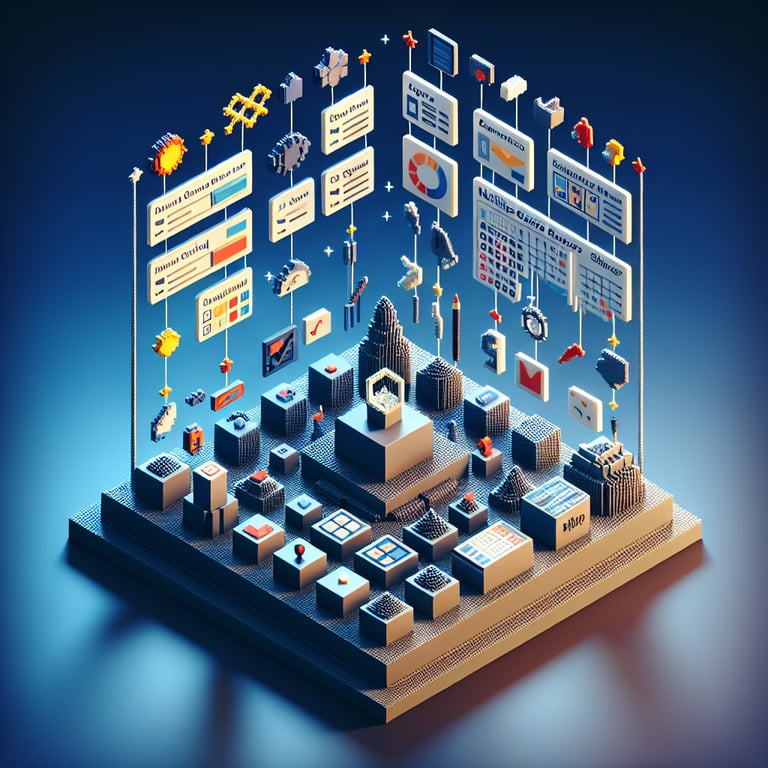 3D voxel art illustrating the concept of online multiple choice matrix surveys on a dark blue background.