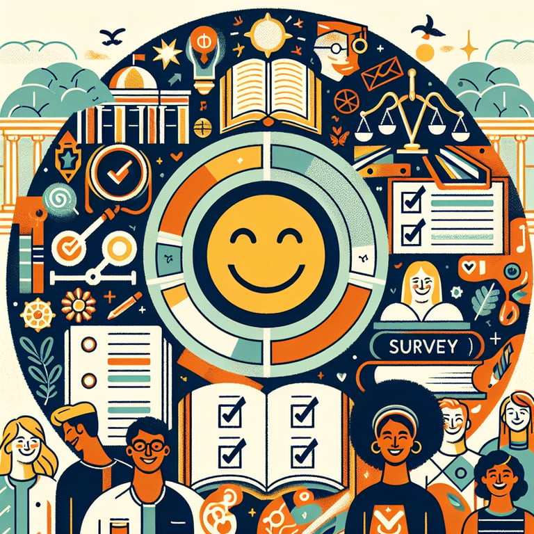 Illustration exploring topics in Student Happiness survey questions, including mental health and social integration.