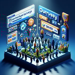 3D voxel art depicting online post-purchase surveys on a dark blue background.