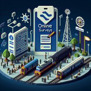 3D voxel art depicting online surveys related to Indian railways on a dark blue background.