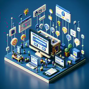 3D voxel art depicting online instructional coach survey process on a dark blue background.