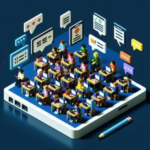 3D voxel art depicting the concept of online surveys, set against a dark blue background.