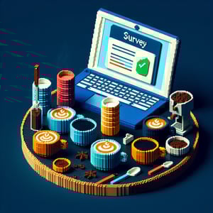 3D voxel art depicting online coffee shop surveys with a dark blue background.