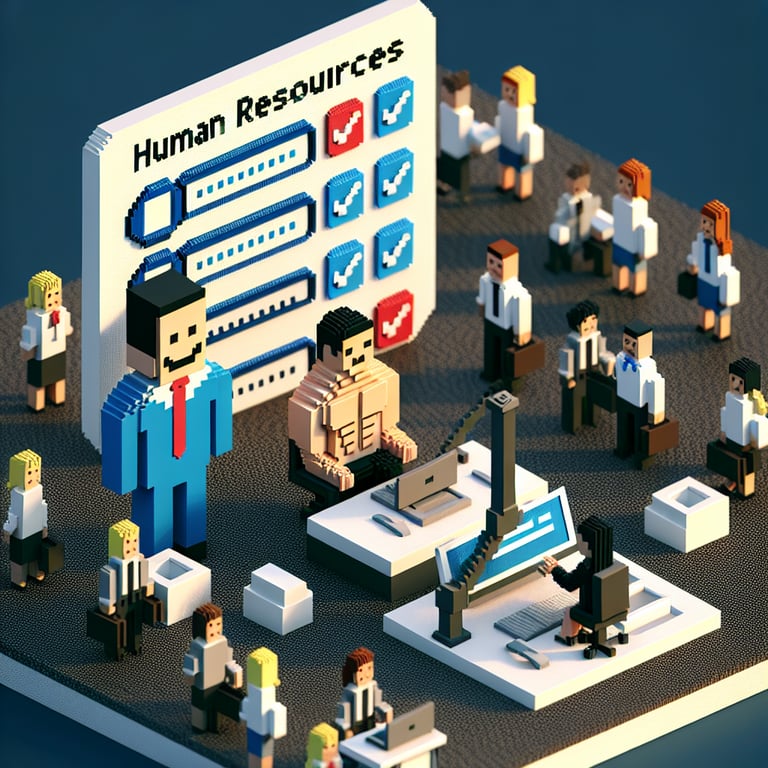 3D voxel art depicting online human resources customer service survey concept on a dark blue background.