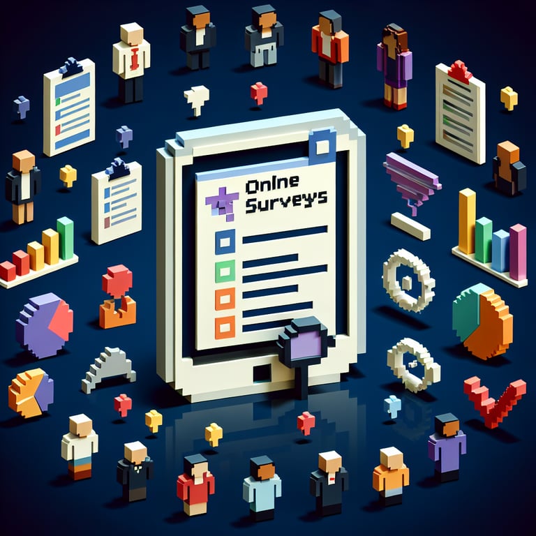 3D voxel art depicting online stakeholder analysis surveys on a dark blue background.