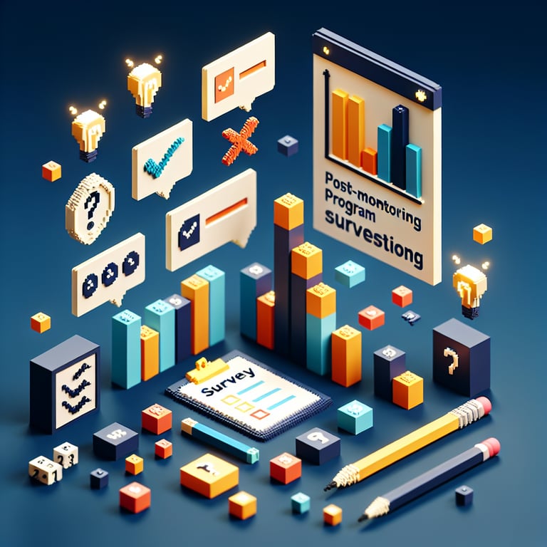 3D voxel art depicting online survey concept, set against a dark blue background.