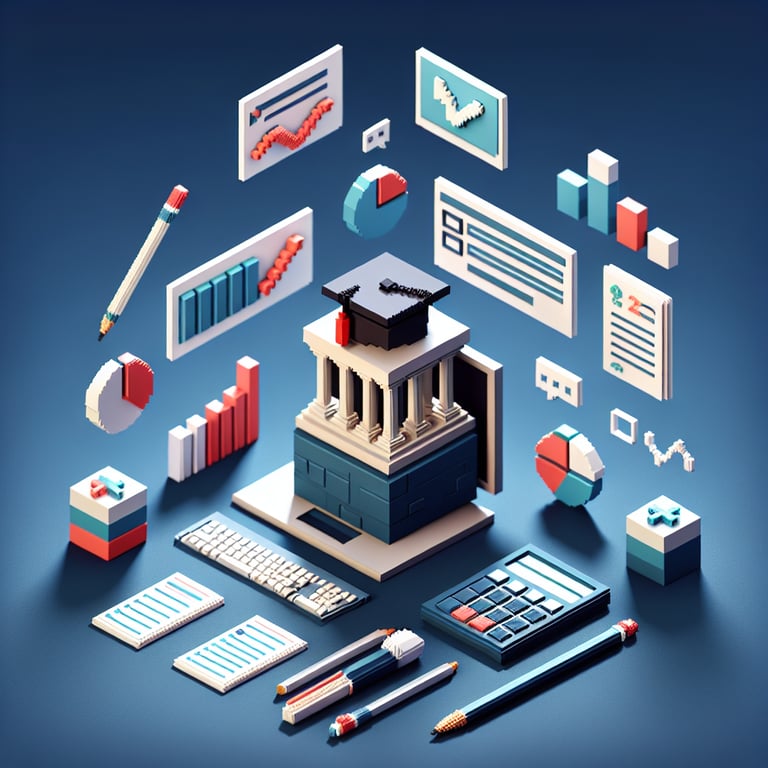 3D voxel art depicting the concept of online college satisfaction survey with a dark blue background.