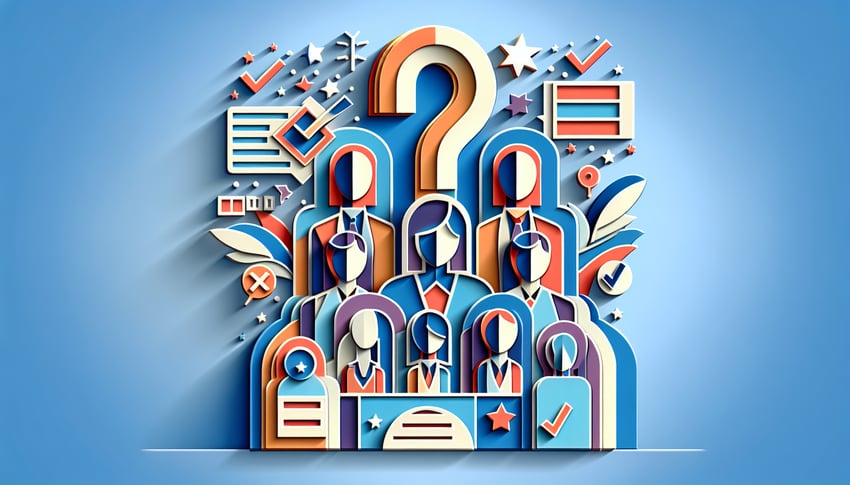 Paper-cut style illustration showcasing various this or that questions for making work enjoyable and engaging.