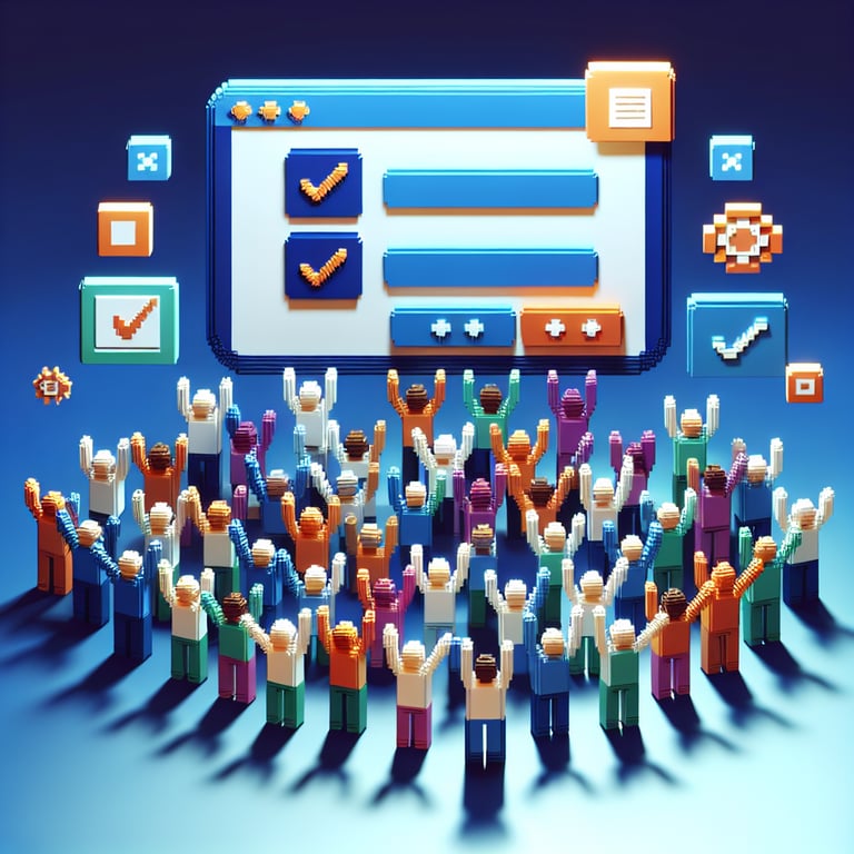 3D voxel art depicting the concept of online student surveys on a dark blue background.