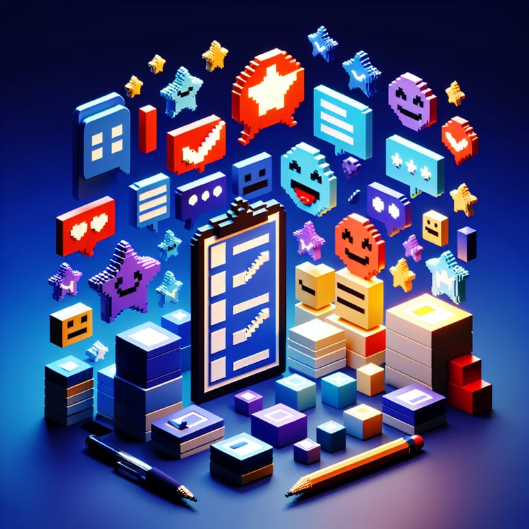 3D voxel art depicting the concept of online customer service satisfaction surveys on a dark blue background.