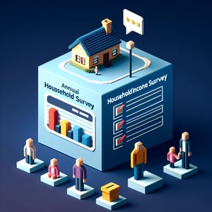 3D voxel art depicting online annual household income survey process on a dark blue background.