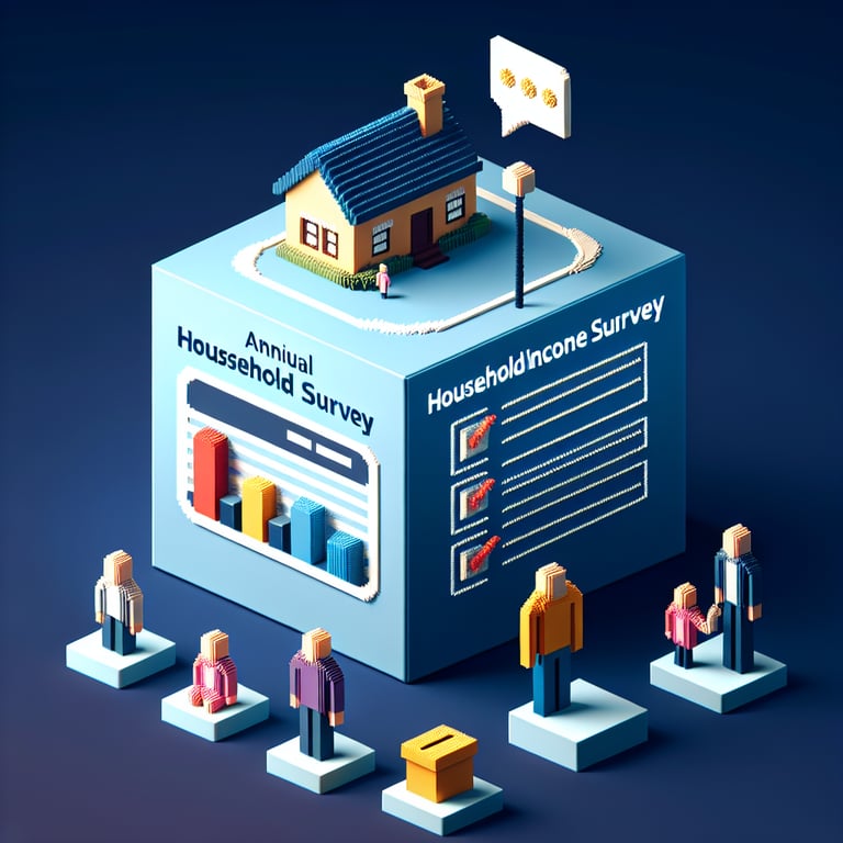 3D voxel art depicting online annual household income survey process on a dark blue background.
