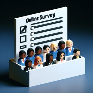 3D voxel art depicting online surveys on racial discrimination, set against a dark blue background.