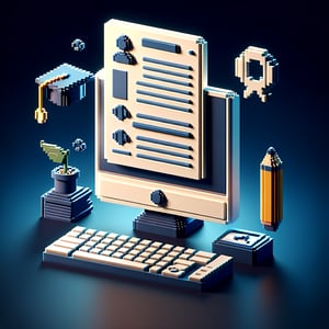 3D voxel art depicting online survey concept, set against a dark blue background.