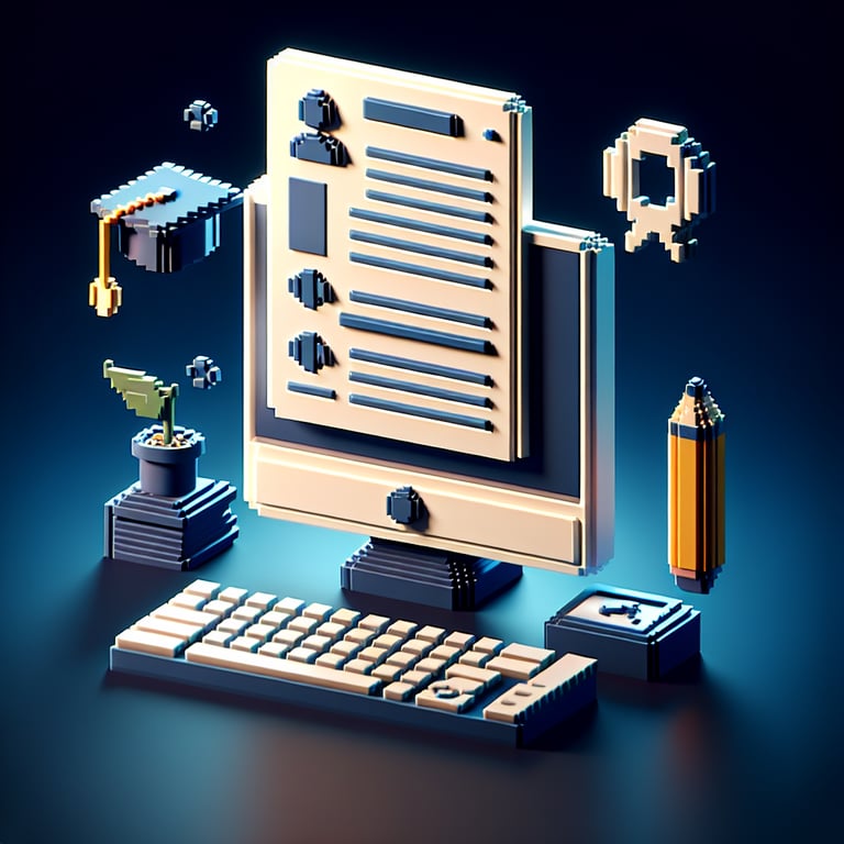 3D voxel art depicting online survey concept, set against a dark blue background.