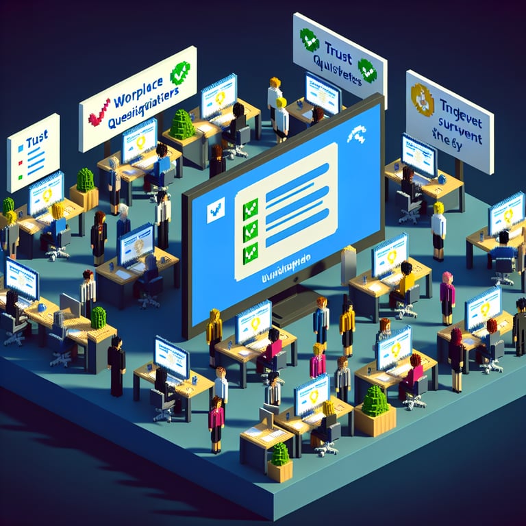 3D voxel art showcasing online surveys, highlighting workplace trust issues, set against a dark blue background.