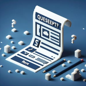 3D voxel art depicting online survey concept with a dark blue background.