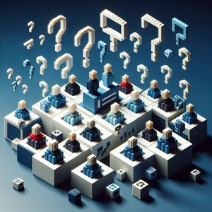 3D voxel art depicting the concept of online employee surveys on a dark blue background.