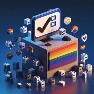3D voxel art illustrating online LGBT rights surveys against a dark blue background.