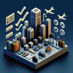 3D voxel art depicting the concept of online business travel surveys on a dark blue background.