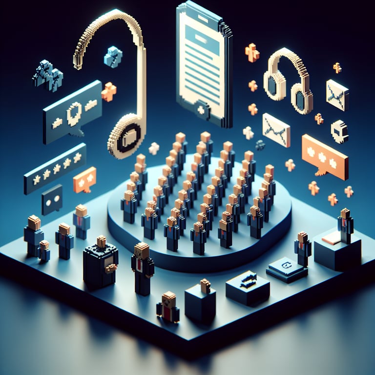 3D voxel art depicting the concept of online human resources customer service surveys on a dark blue background.
