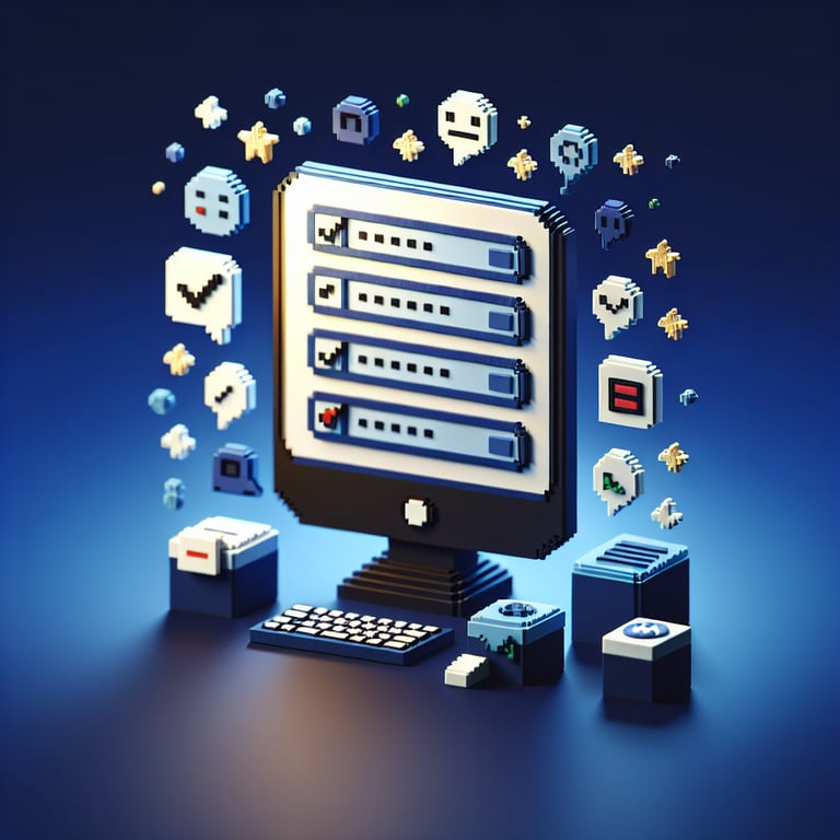 3D voxel art depicting online surveys with a dark blue background, no text or branded content.