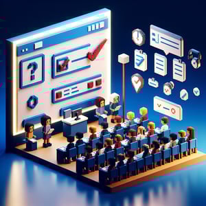 3D voxel art depicting online student engagement survey process on a dark blue background.