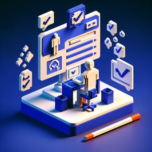 3D voxel art depicting online surveys on a dark blue background, symbolizing toxic masculinity questions.
