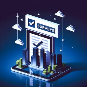 3D voxel art depicting online work satisfaction survey process on a dark blue background.