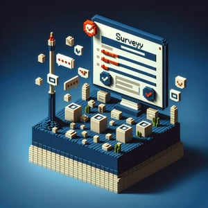 3D voxel art depicting online surveys with a dark blue background, symbolizing 