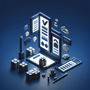 3D voxel art depicting online product surveys with a dark blue background.