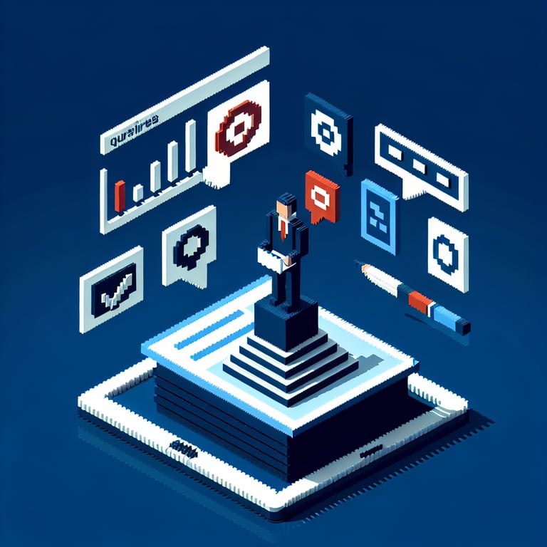 3D voxel art representation of online professional development surveys on a dark blue background.