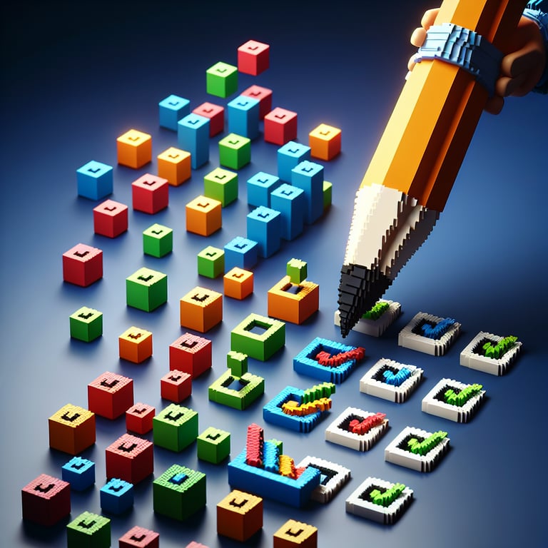 3D voxel art depicting online customer satisfaction surveys with likert scale, set against a dark blue background.