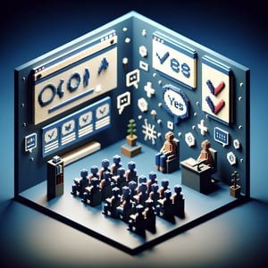 3D voxel art depicting online student feedback survey with yes or no options on a dark blue background.