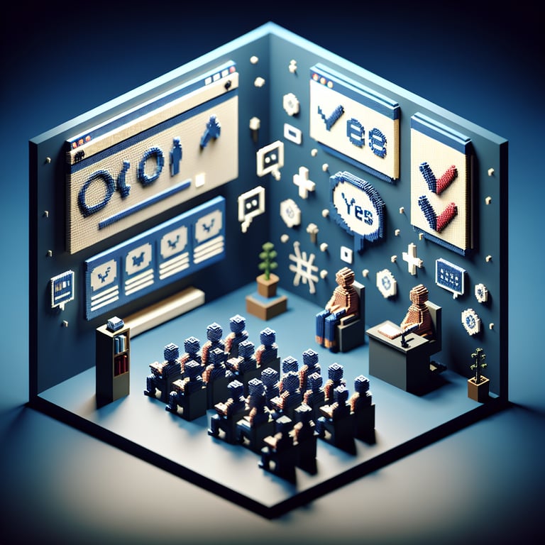3D voxel art depicting online student feedback survey with yes or no options on a dark blue background.