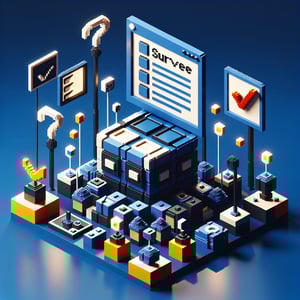 3D voxel art depicting the concept of online PD surveys on a dark blue background.