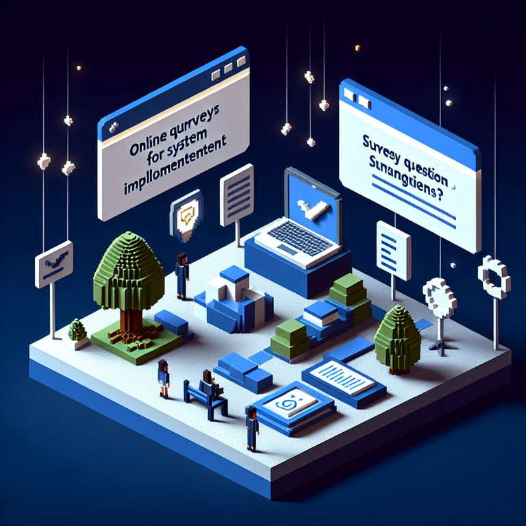 3D voxel art depicting online system implementation surveys on a dark blue background.