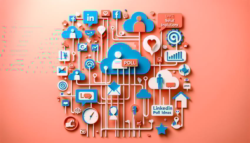 Paper-cut style illustration featuring diverse LinkedIn poll ideas and engagement concepts in vibrant colors.