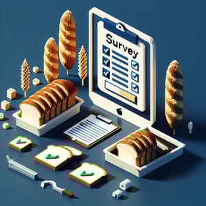 3D voxel art of digital survey forms and question marks, symbolizing online bread surveys on a dark blue background.