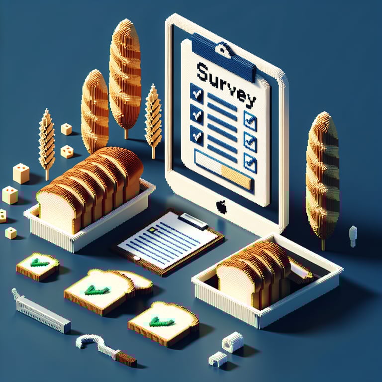 3D voxel art of digital survey forms and question marks, symbolizing online bread surveys on a dark blue background.