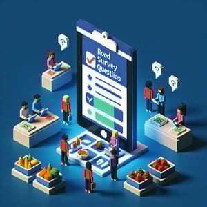 3D voxel art depicting online food quality survey with a dark blue background.